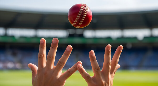 Catching the cricket ball with hands at stadium background