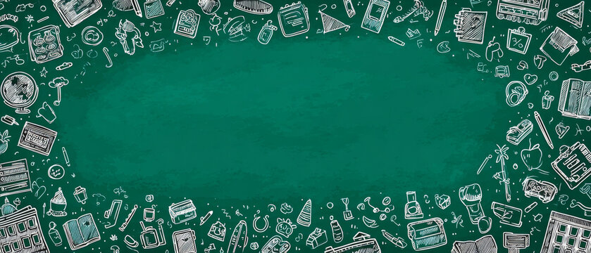 Green chalkboard background with doodles of school supplies and educational elements creates playful and academic atmosphere