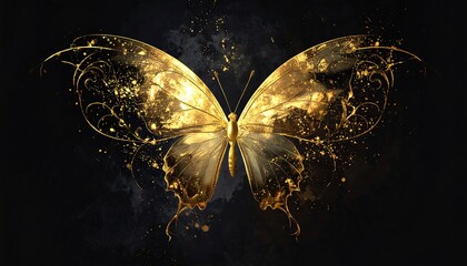 A captivating image of a golden butterfly, with intricate, ornate wings adorned with glistening gold details, set against a dark background.