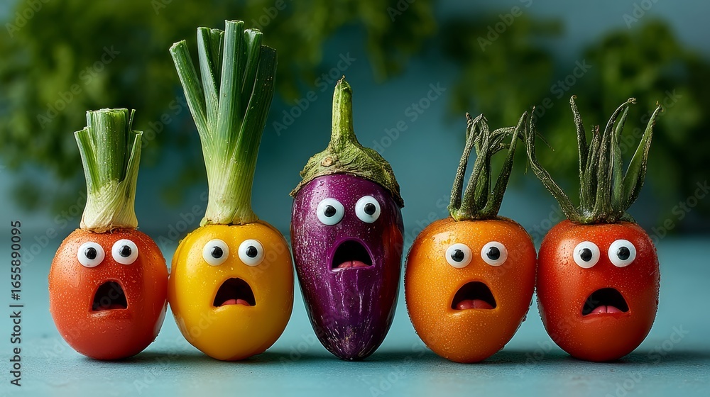 Poster group of vegetables with faces on them, including a carrot with a surprised expression. the vegetabl