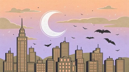 Fototapeta premium City skyline with bats and a crescent moon at dusk.