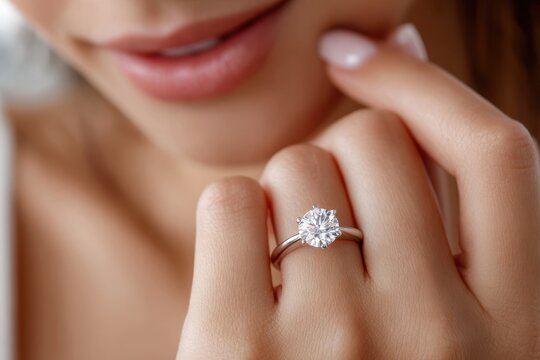 Close-up of elegant woman showcasing a sparkling engagement ring on her hand