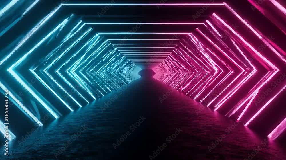 Poster a futuristic tunnel with neon blue and pink hexagonal lights, creating a vibrant and abstract perspe
