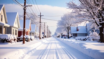 Winter Wonderland Street Scene Snowy Suburban Houses.