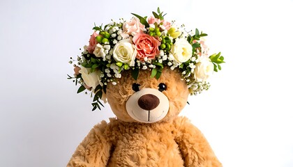 Teddy bear adorned with a floral head wreath.