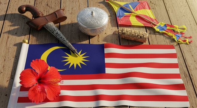 Malaysian Cultural Symbols on Wooden Surface