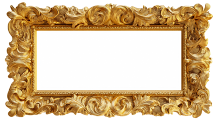 Ornate antique gold picture frame with elaborate scrollwork and acanthus leaf detail, cut out transparent