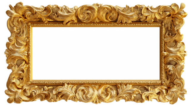 Ornate antique gold picture frame with elaborate scrollwork and acanthus leaf detail, cut out transparent