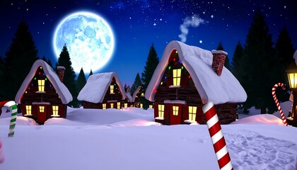 Snowy Christmas Village Under a Full Moon with Cozy Cabins