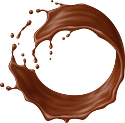 round circle chocolate drink wave splash in circular motion. Realistic 3d vector cocoa swirl in shape of ring with dynamic droplets and smooth texture. Brown milk wave forming loop isolated on white