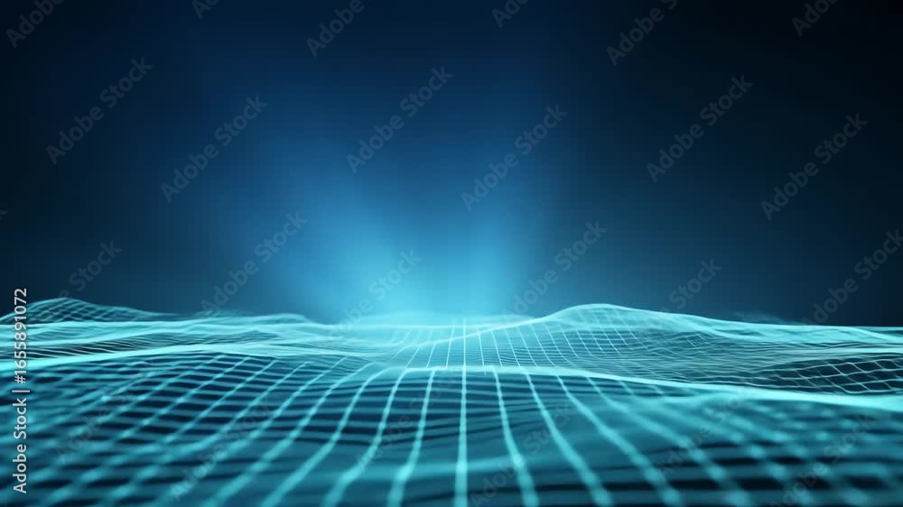 Poster abstract digital landscape with glowing grid lines and light emanating upwards.