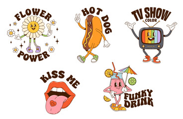 Cartoon y2k groovy stickers. Retro daisy flower, dancing hotdog, smiling tv, red lips and funky drink, all with expressive faces and vintage typography, evoking 70s pop culture and playful nostalgia
