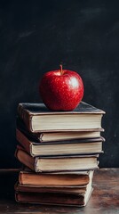 Vibrant red apple perched atop a stack of well-worn books against a dark, textured background.
