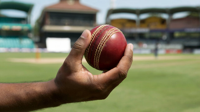 Hand holding a cricket ball at a stadium on a sunny day