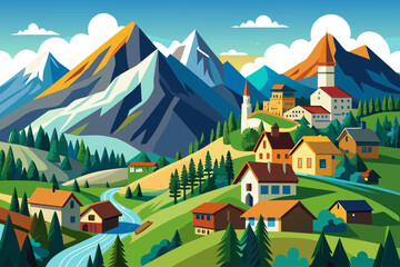 vector of Mountain villages are usually located on the slopes or between mountain ranges; Seeing snow-capped peaks or green mountains in spring and summer makes for an extraordinary sight.