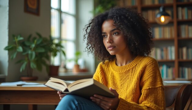 Young woman engrossed in book at home library, lost in literary world. Cozy atmosphere with bookshelves filled with books, natural light from window. Female enjoys reading, escaping reality, seeking