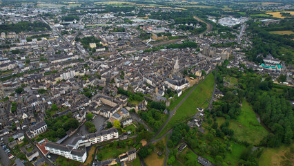 Aerial panorama view of the old town in the city of Vendôme in France on a sunny summer day

