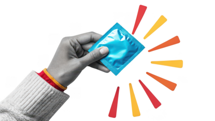 Hand holding a blue condom package with colorful rays emanating from it isolated on transparent background