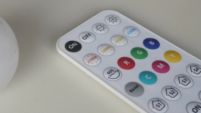 Smart LED bulb and remote control placed on white surface, zoom out