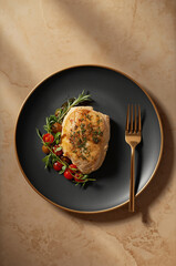 Herb-Roasted Chicken Breast with Rosemary and Cherry Tomatoes on Dark Plate with Gold Rim