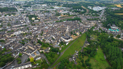 Aerial panorama view of the old town in the city of Vendôme in France on a sunny summer day

