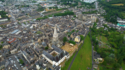 Aerial panorama view of the old town in the city of Vendôme in France on a sunny summer day

