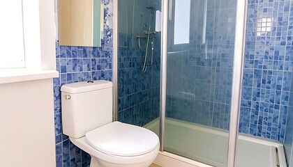 Small bathroom with a shower and toilet.
