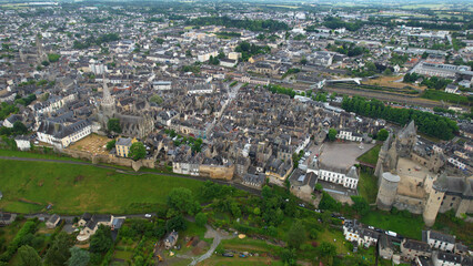 Aerial panorama view of the old town in the city of Vendôme in France on a sunny summer day

