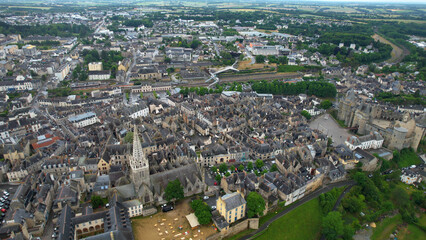 Aerial panorama view of the old town in the city of Vendôme in France on a sunny summer day

