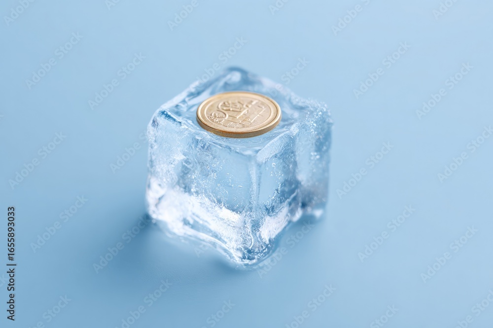 Poster ice cube with golden coin resting on top, creating striking cont