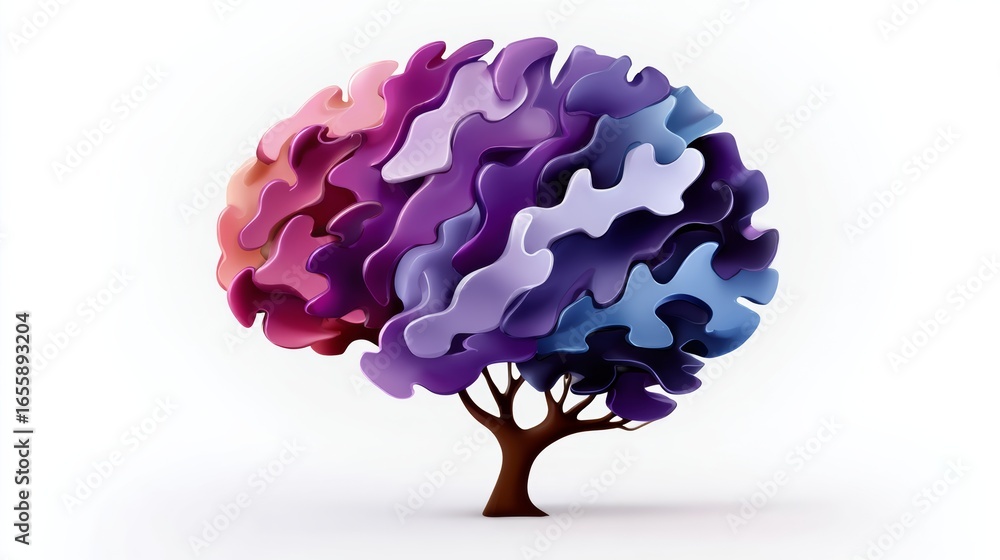 Poster tree made of puzzle pieces with purple, blue, and pink colors. the tree is a representation of the b