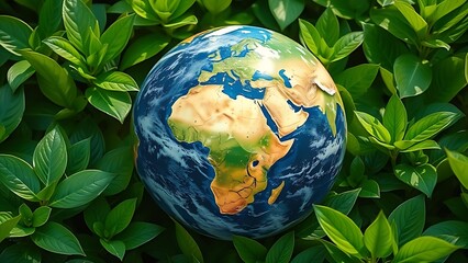 Earth globe surrounded by lush green leaves, symbolizing environmental awareness under natural ambient light.