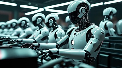 Robots performing synchronized tasks in futuristic industrial environment. Technology related concept.