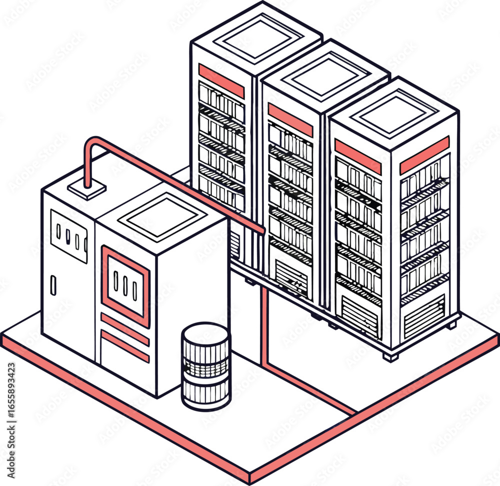 Poster data storage concept: a 3d isometric illustration of a modern factory building designed as a house c