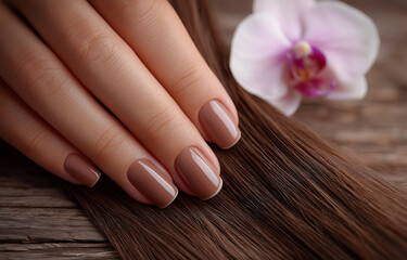 Close up of a manicured hand with brown nail polish resting on brown hair