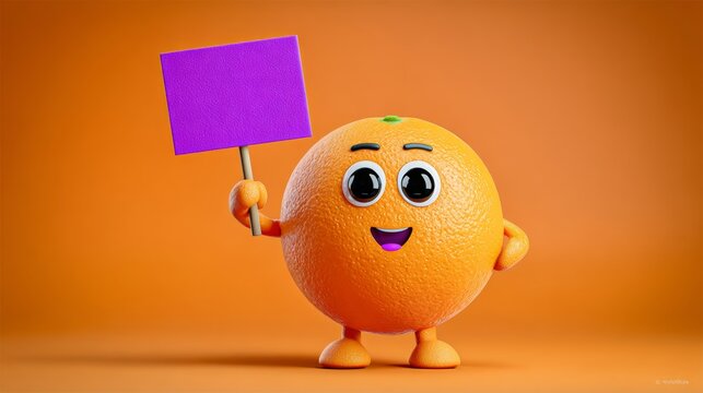 Cartoon orange character is holding a purple sign. The orange character is smiling, giving off a happy and positive vibe