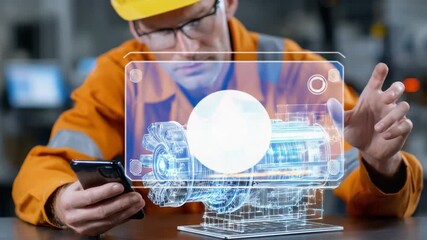 Tech-Savvy Technician: A skilled technician wearing protective gear, is meticulously examining and interacting with a futuristic augmented reality projection, potentially related to engineering.