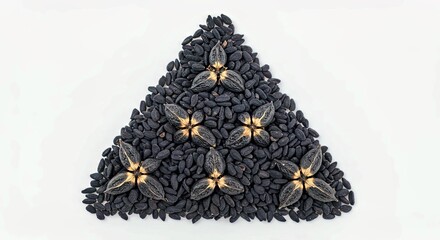 A triangular cluster of nigella seeds on a white background