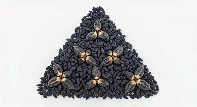 A triangular cluster of nigella seeds on a white background