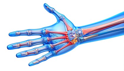Transparent anatomical illustration of a human hand and arm.