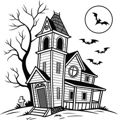A vector drawing of a medieval haunted house or an old village church building with a tower illustration
