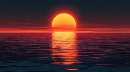 Minimalist Night Sky Illustration with Orange Glow and Dark Blue Water Forming Semicircular Shapes for Digital Art Display  