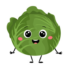 Flat vector illustration in a simple children's style. Cute cabbage with a face, arms, and legs on a white background. Vector illustration