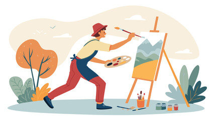 Creative Male Artist Painting Landscape Outdoors Artistic Hobby and Inspiration