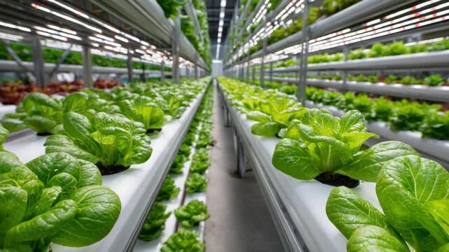 Vertical Farm: A state-of-the-art vertical farm thrives, showcasing rows of vibrant, lush green lettuce growing under controlled conditions, embodying the future of sustainable agriculture. 