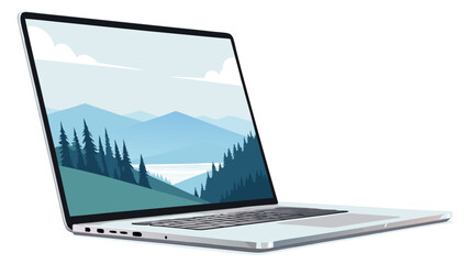 Laptop Displaying Landscape with Forest and Mountains, Open on White Background