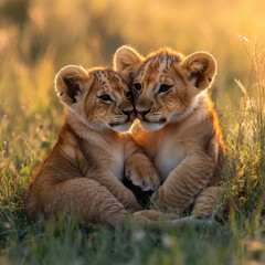 Obraz premium lion cubs playfully wrestling with each other.