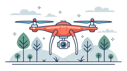 Aerial quadcopter drone with video camera hovering above a stylized park landscape illustration