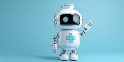 Friendly medical robot waving hello on blue background for healthcare technology concept