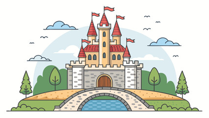 Whimsical illustration of a majestic fairytale castle with towering spires and a charming bridge over a serene moat, ready for adventure.